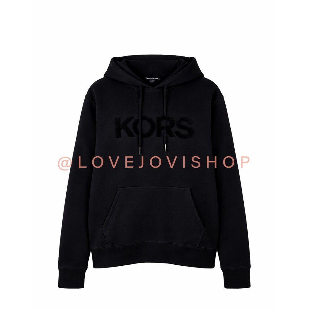 Mens | Michael Kors Tufted Logo Hoodie in Black | Monochromatic Streetwear | Lg